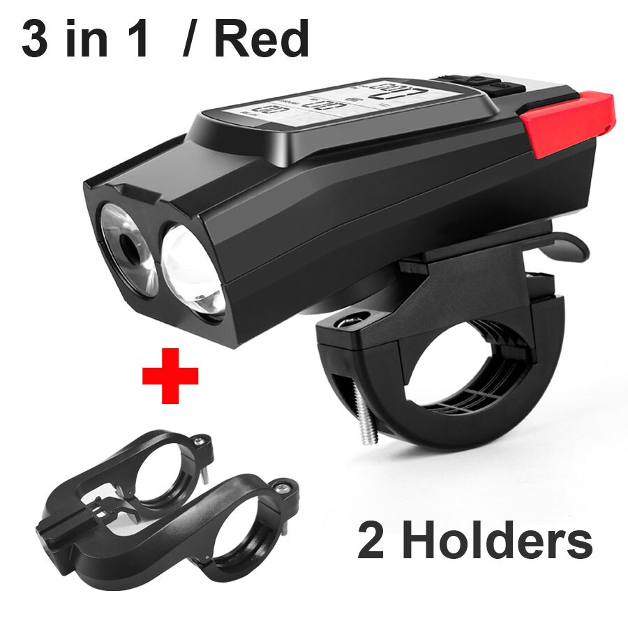 Newboler 3 em 1 luz da bicicleta computador lanterna led bicicleta frente luz ciclismo chifre à prova dusb água usb farol lâmpada de equitação: red 2 holder