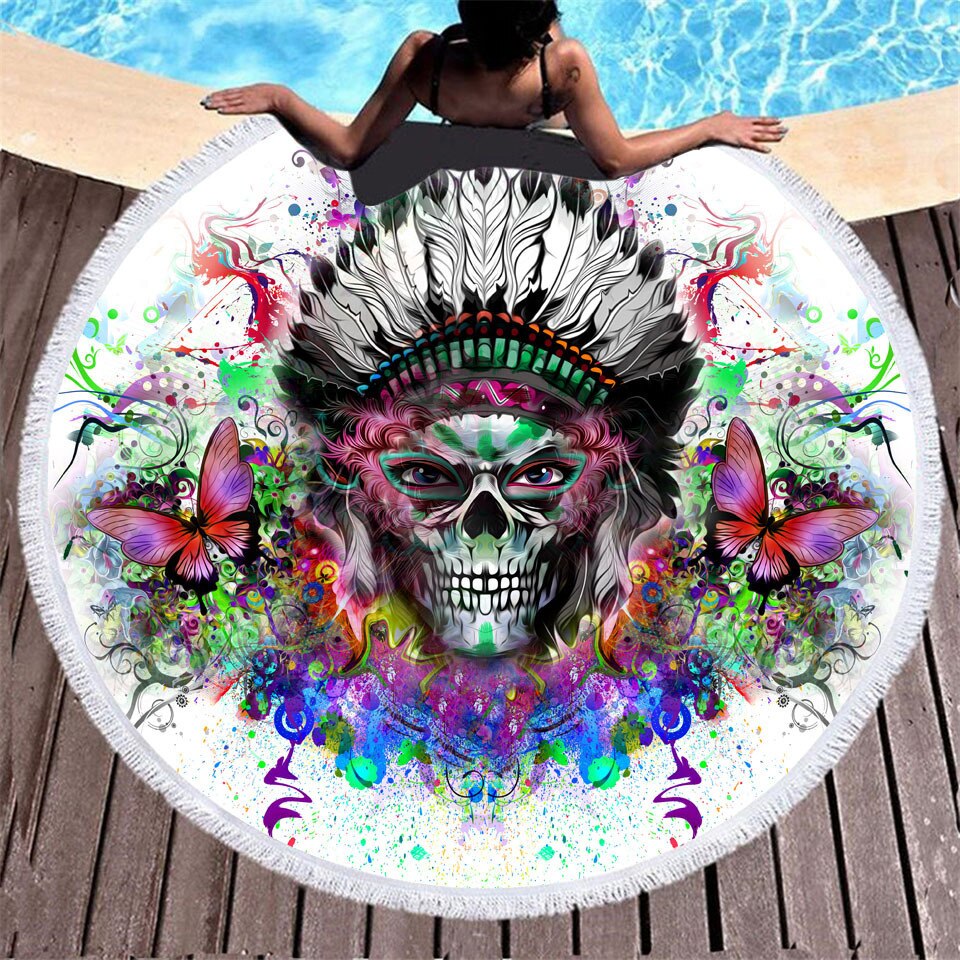 Couleurs crâne rond serviette de plage serviette de bain florale noir tapis de Yoga fleur gothique couverture pique-nique couverture: 5