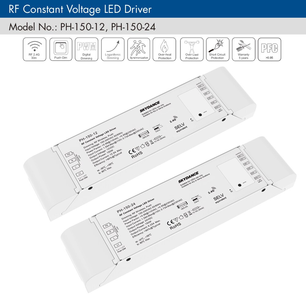 Pilote LED variable 150W RF 2.4G, télécommande sans fil AC 110V 220V à 12V 24V, tension constante, intensité réglable, pilote d&#39;alimentation, Push Dim