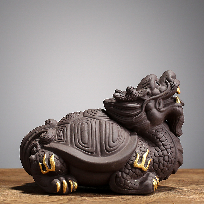 Statue de tortue et Dragon en argile violette, ornements créatifs pour le thé, Sculpture faite à la main, artisanat décoratif pour la maison: B2-- 14X10CM