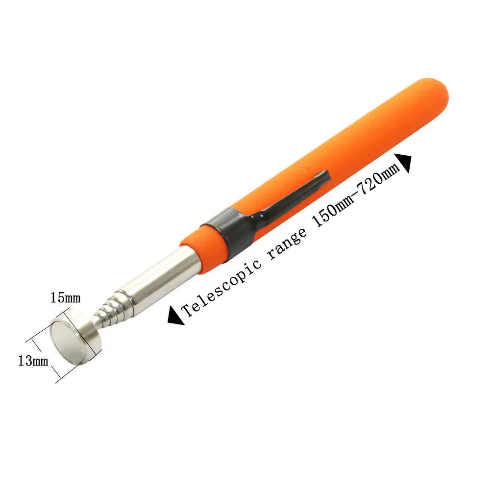 Bolígrafo magnético telescópico con luz, Mini herramienta de recogida magnética portátil, varilla de recogida extensible para recoger tornillos, perno de tuerca: Naranja