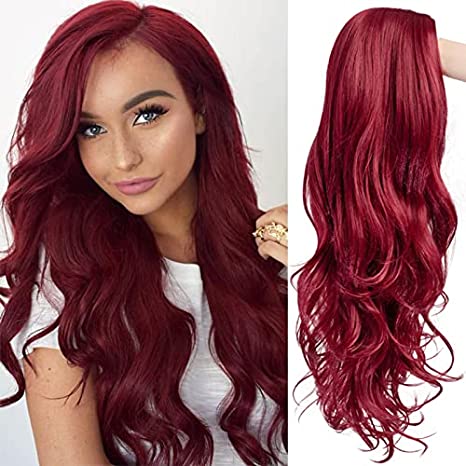 WHIMSICAL W Women Medium Long Curly Wigs Natural Ombre Mixed Purple Black Color Heat Resistant Hair Synthetic Wig for Women: Wine red