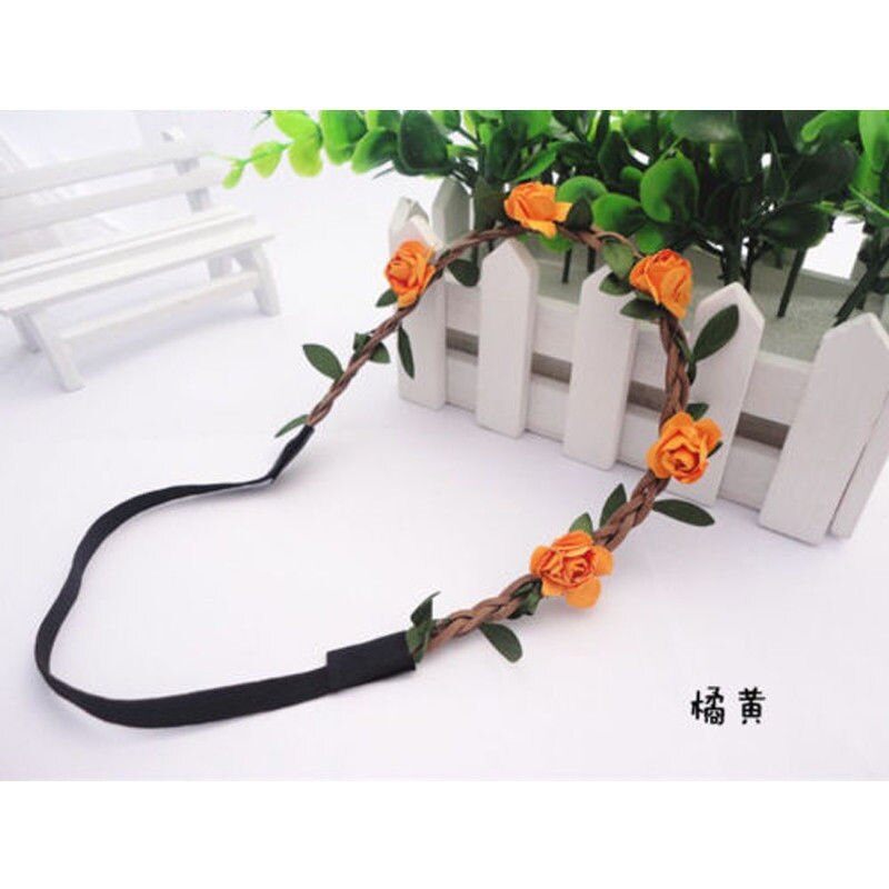 Women Girl Boho Rainbow Flower Floral Stretchy Hairband Headband Wreath Party Bride Wedding Beach Hair Accessories: Orange