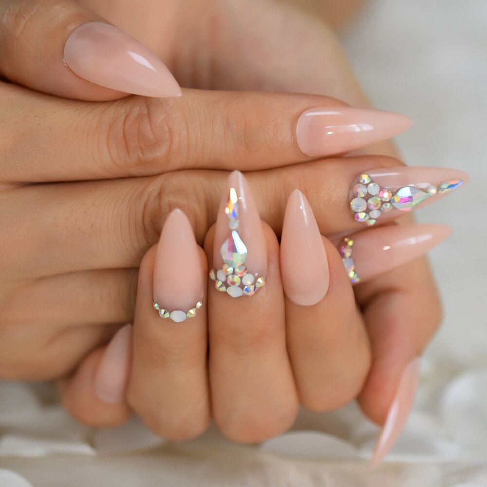 Faux-ongles nus, en ABS, longs brins pointus et Stiletto, en acrylique, artificiels, pointe en Strass pour manucure, 24