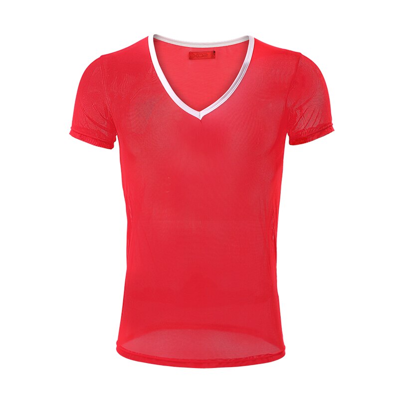 Maillot de corps en maille Transparent pour homme, sous-vêtements Sexy, respirant, col en v, manches courtes, Transparent: Red (only tops) / M