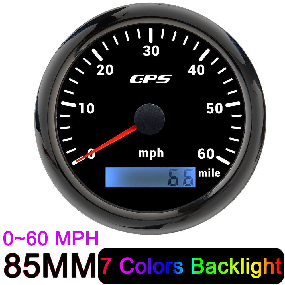 HD 85mm GPS Speedometer 30 60 80 120 160 200 MPH Waterproof Speed Gauge for Mairne Yacht Boat Car Truck 7 Colors Backlight 9-32V: 60MPH Black