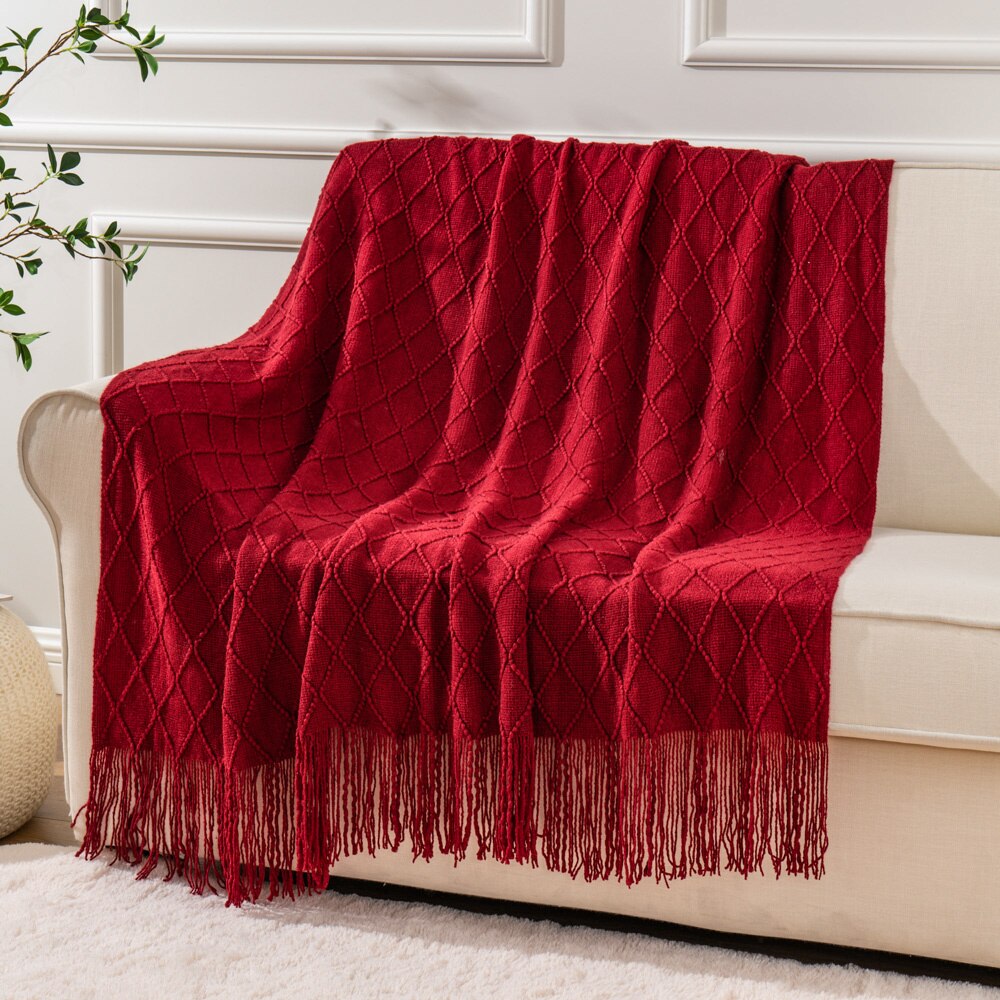100% Acrylic Knitted Blanket Soft Red Throw Blanket with Tassels Cozy Light Solid Color bedding Blanket: Red / 127x152cm