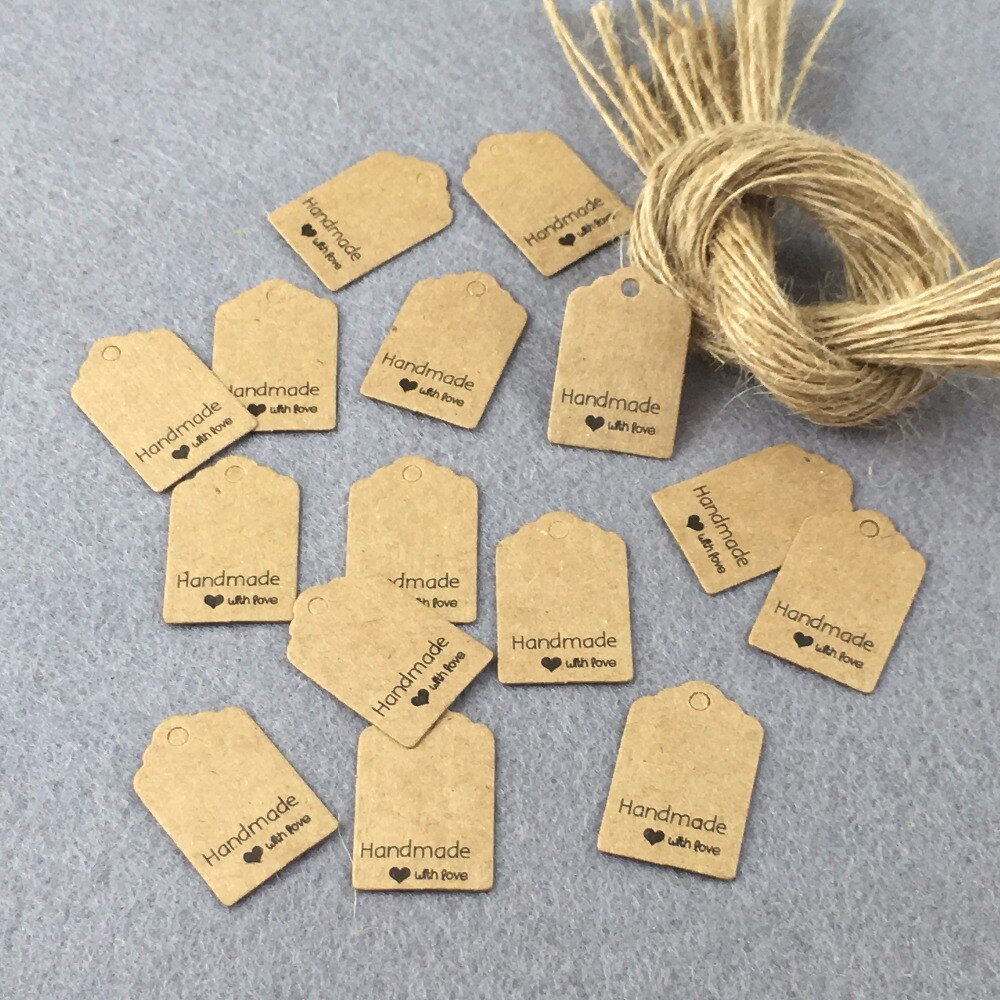 500 stks 3x2 cm Geschulpte &#39;handmade met love&#39; tag/Gunst Tag/DIY Tag/ prijs Label Met 500 stks string