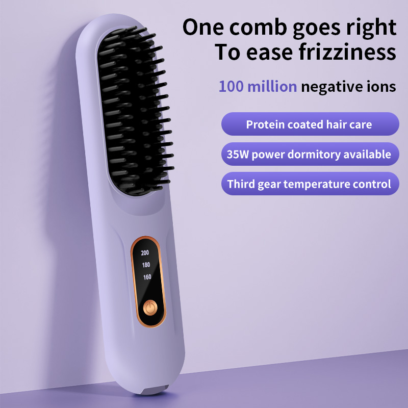 Peine de pelo liso con calefacción eléctrica, pantalla LCD, USB, inalámbrico, portátil, herramienta de peinado de iones negativos, cepillo alisador recargable