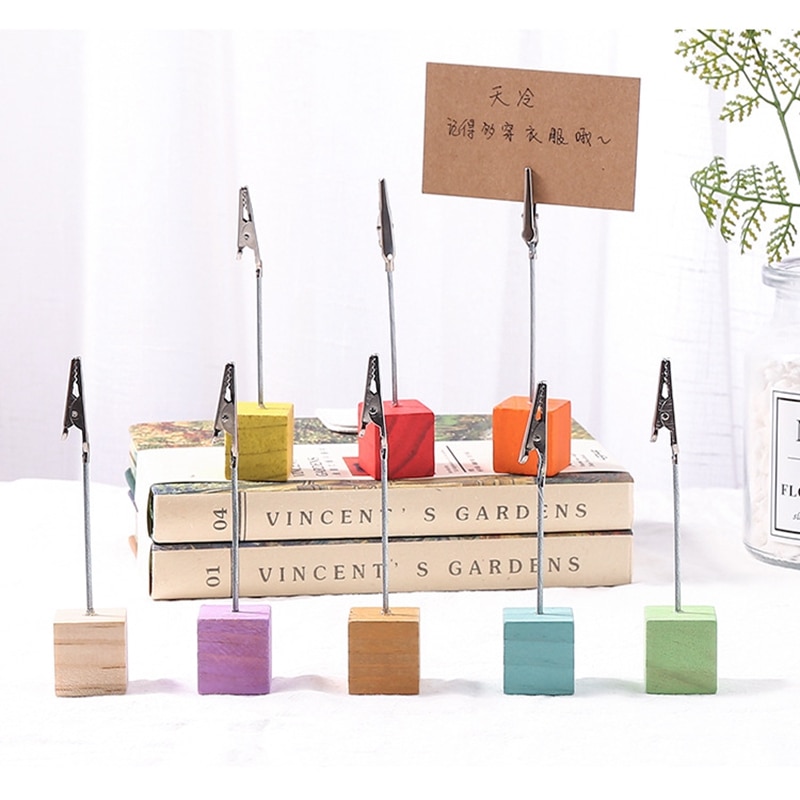 1pc coloré en bois Cube mémo pince métal Photo porte-carte bureau Photo pinces support Message porte-carte bureau décor organisateur