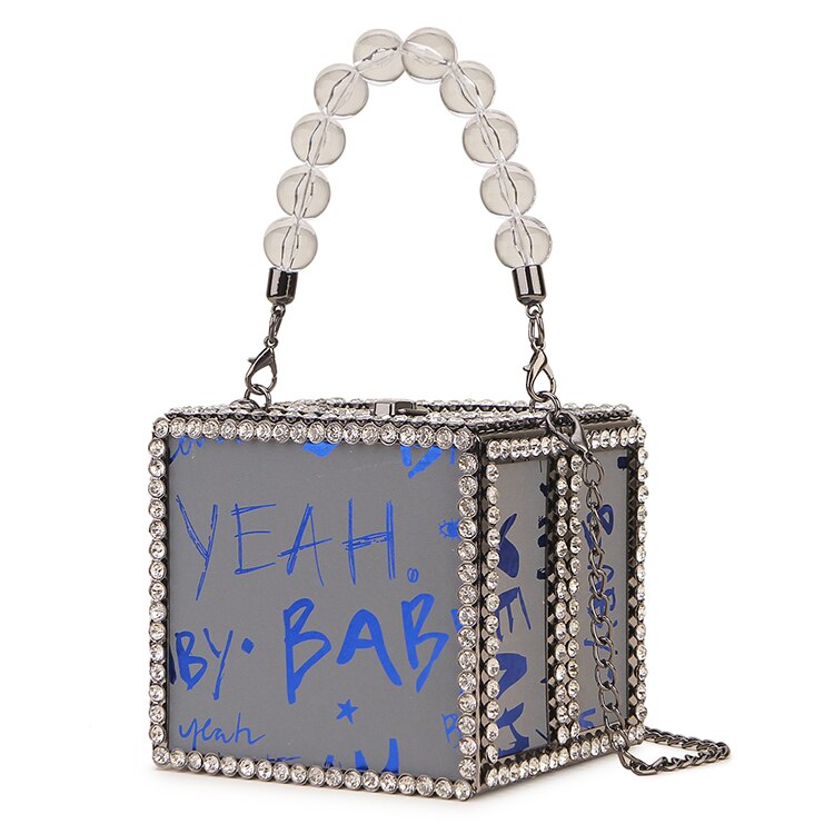 Diamant vierkante doos stijl reflecterende letter dames feest handtas schoudertas crossbody tas vrouwelijke ketting portemonnee