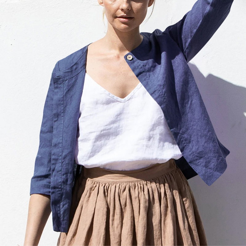 Retro 100% Linho Mulheres Jaqueta Cardigan Casual Solto Meia Manga Botão Até Casacos Básicos Sobretudo Feminino Veste Femme: XL / Bege