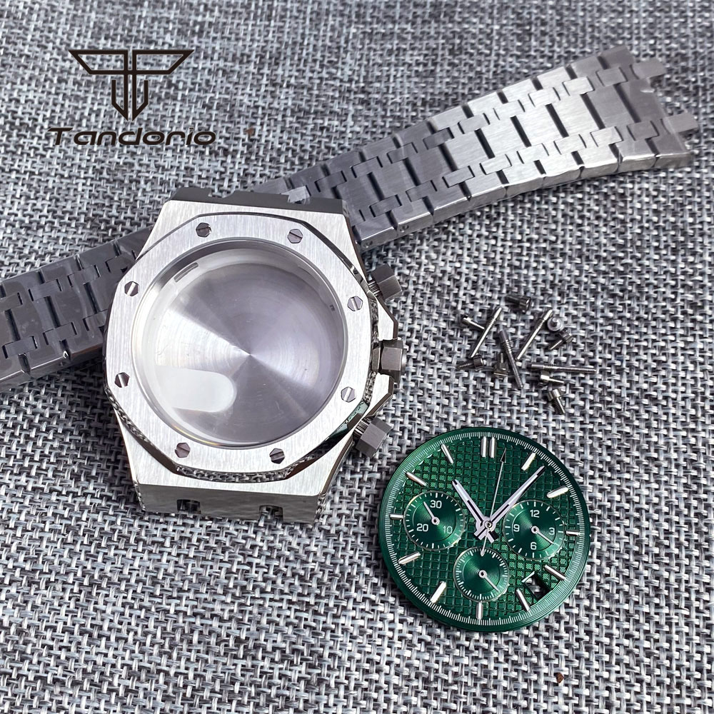 Roestvrijstalen Geborsteld 42Mm Horlogekast Armband Achtkant Bezel Saffier Crystal Fit Vk63 Vk64 Chronograaf Quartz Uurwerk: RED