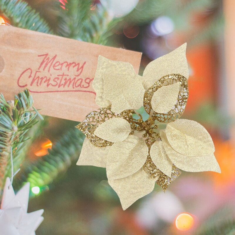 15 sztuk sztuczne świąteczne kwiaty dekoracje bożonarodzeniowe ozdoby choinkowe brokatowe złote/srebrny z klipsami upuszczać statek