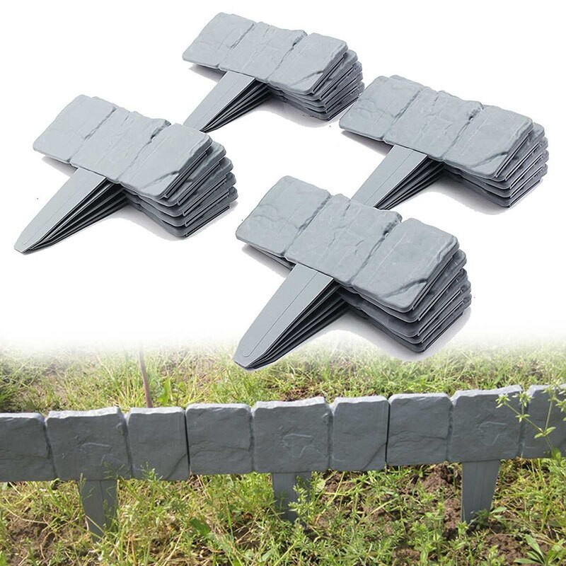 12Pc Grey Garden Fence Edging Cobbled Stone Effect Plastic Lawn Edging Plant Border Decorations Flower Bed Border