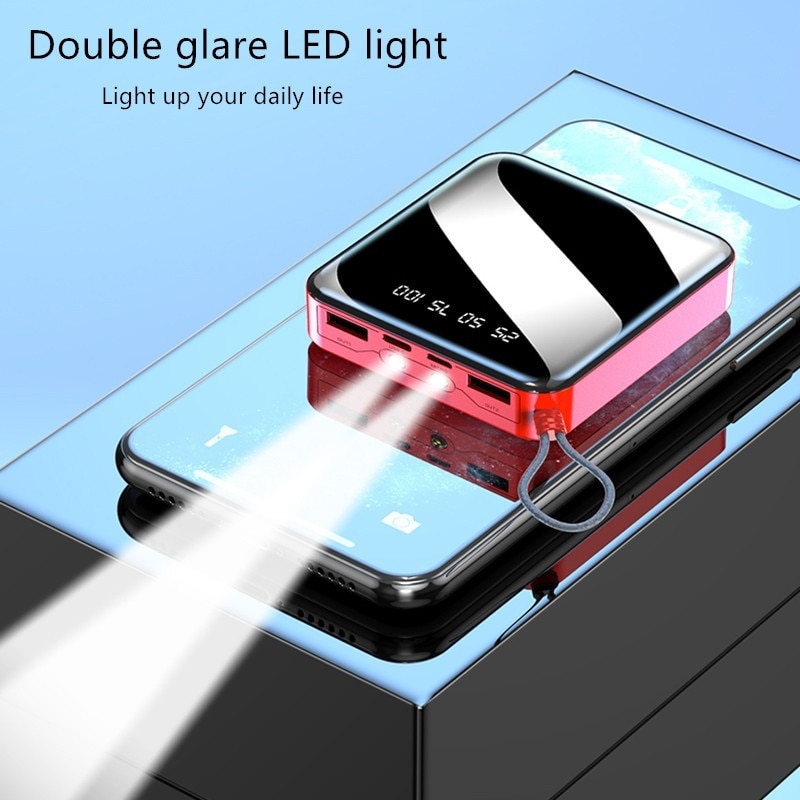 30000mAh Power Bank Mini Mirror Screen Portable Phone Charger LCD Digital Display Dual LED Lighting USB Powerbank for Smartphone