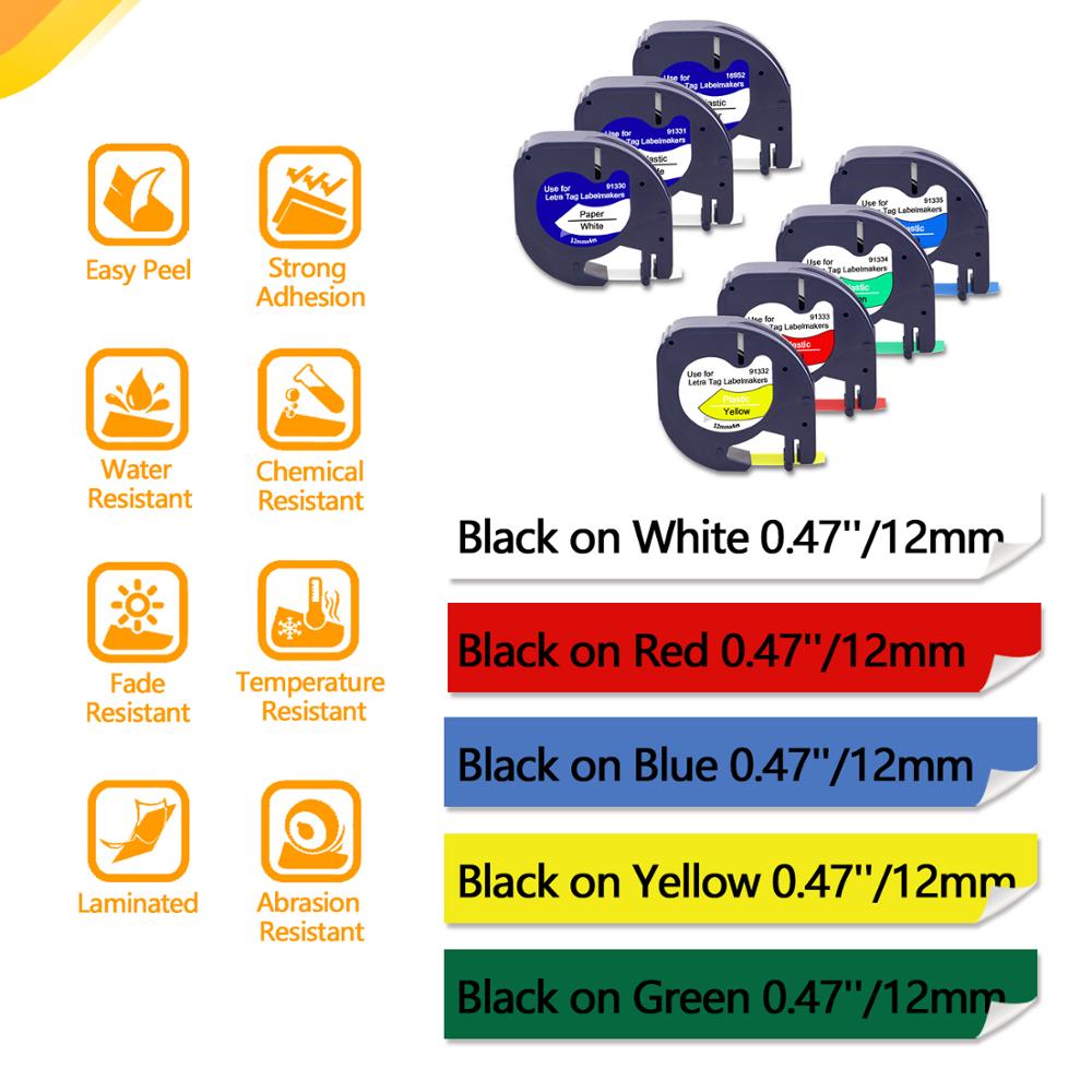 UniPlus 91201 12mm Label Tapes 91331 Compatible Dymo Letratag Label Maker 91221 Black on White for Dymo LT Printer LT-100H 100T
