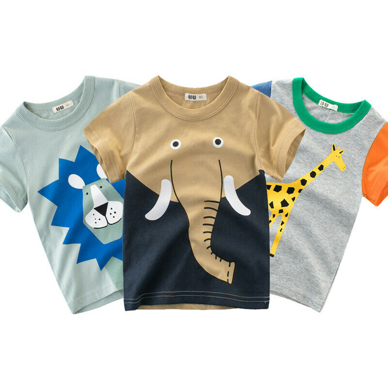 1-10T Children Summer Clothing Kids Boys Top Short Sleeve Cartoon Animals Patterns Patchwork Top