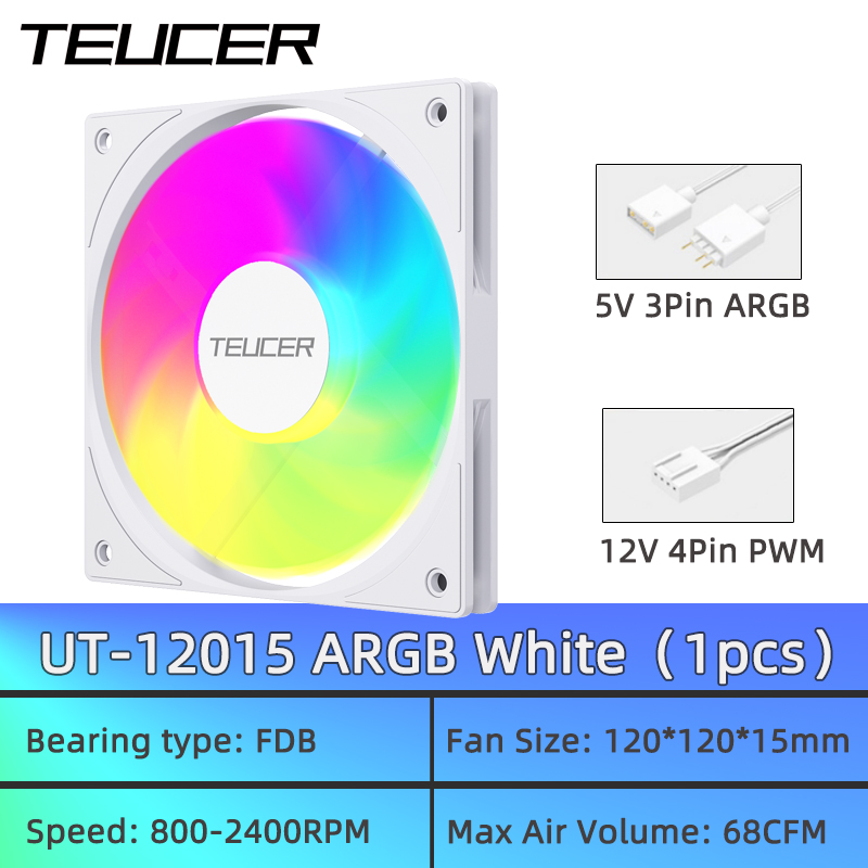 TEUCER UT-12015 ARGB Fan 120mm Thin Computer Fan FDB Bearing ARGB Lighting Effect Silent Cooling Suitable for Chassis CPU Fan: WHITE
