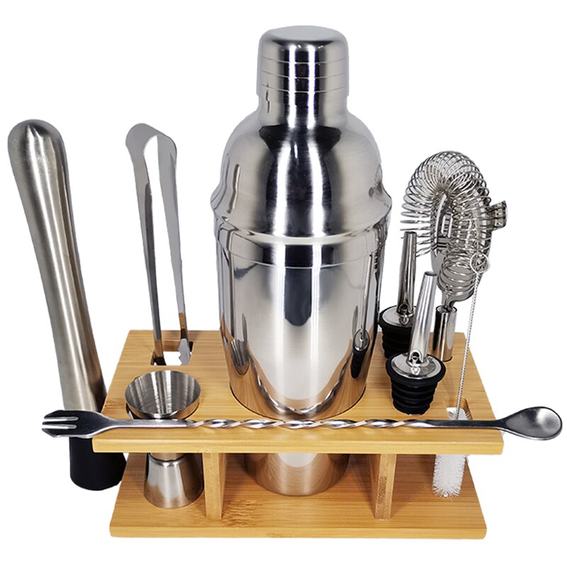 9 Bar Set, Stainless Steel Cocktail Shaker Bar Tools with Stylish Wood Stand