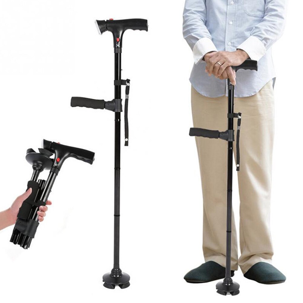 LED Light Walking Stick Cane for Elderly People Folding Crutches with Alarm Old Man Ultralight Folding Protector Trail Hiking