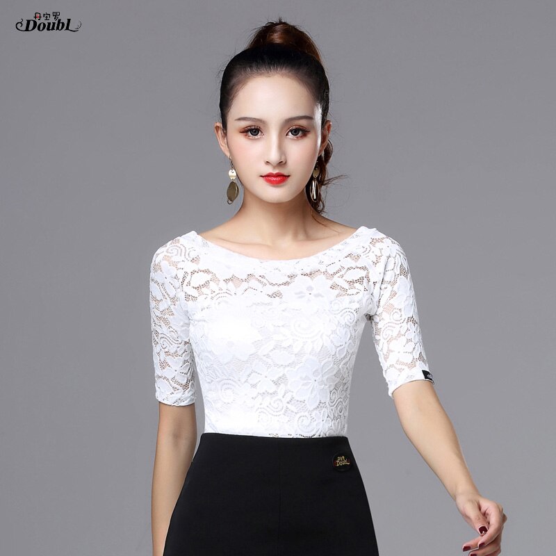 Dance Latin Dance Tops for Women's Girls Vogue Adult White Black Half Sleeve Boat Neck Lace Opaque Rumba Chacha Waltz Practice: White Boat neck / M