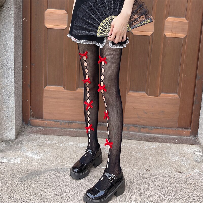 medias mujer Medias de Lolita para mujer, medias de rejilla huecas con lazo, pantimedias negras y blancas, estilo Kawaii japonés, nueva medias sexys mujer medias goticas medias rejilla