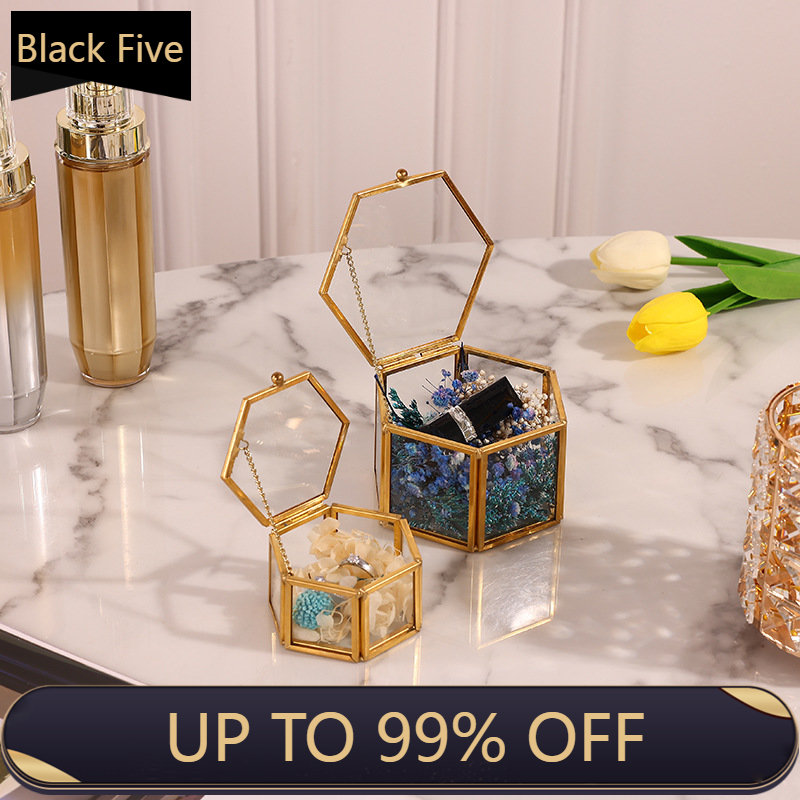 Hexagon transparent Glas Schmuck Kasten Hochzeit Ring Kasten Geometrische Klar Glas Schmuck Organizer Halfter Tabletop Containe