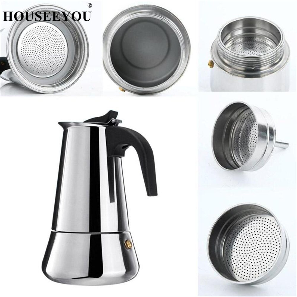 Stainless Steel Coffee Maker Pot Mocha Moka Espresso Latte Stovetop Coffee Pot Filter 100ML 200ML 300ML 450ML Coffee Machine