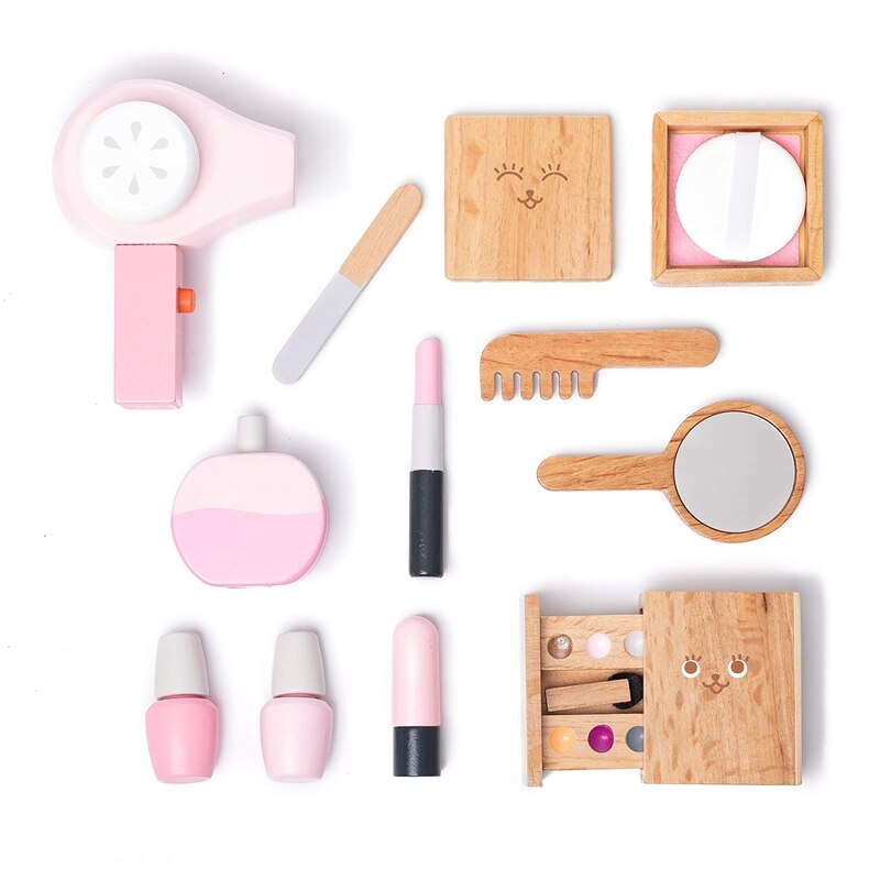 12Pcs Kit Wooden Beauty Salon Pretend Makeup Playset Toy Role Play Cosmetics Toy Simulation Beauty Accessories for Kids