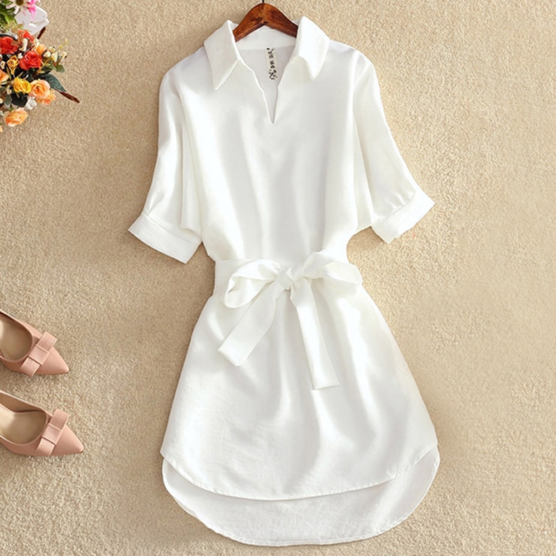 Casual hvit tunika kvinne kjole sommer kontor dame chiffon skjortekjole for kvinner kortermet solide sashes kjole vestidos