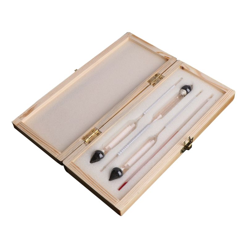 Alkohol hydrometer tester +termometer +måleflaske +trækasse alkoholmeter alkohol meter vin koncentration måler