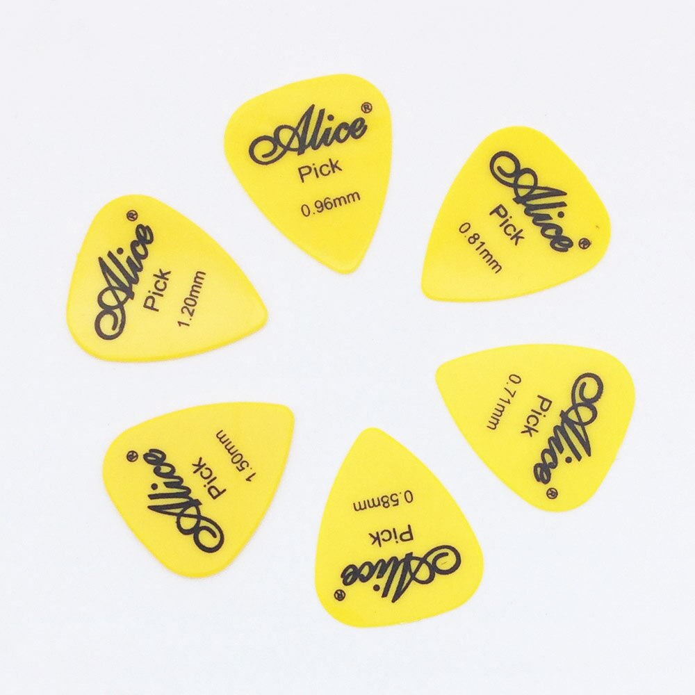 6 pieces Alice Guitar Picks in 1 Color Full Thickness 0.58 0.71 0.81 0.96 1.2 1.5 mm Black/White/Yellow/Red/Green/Blue/Orange: Yellow