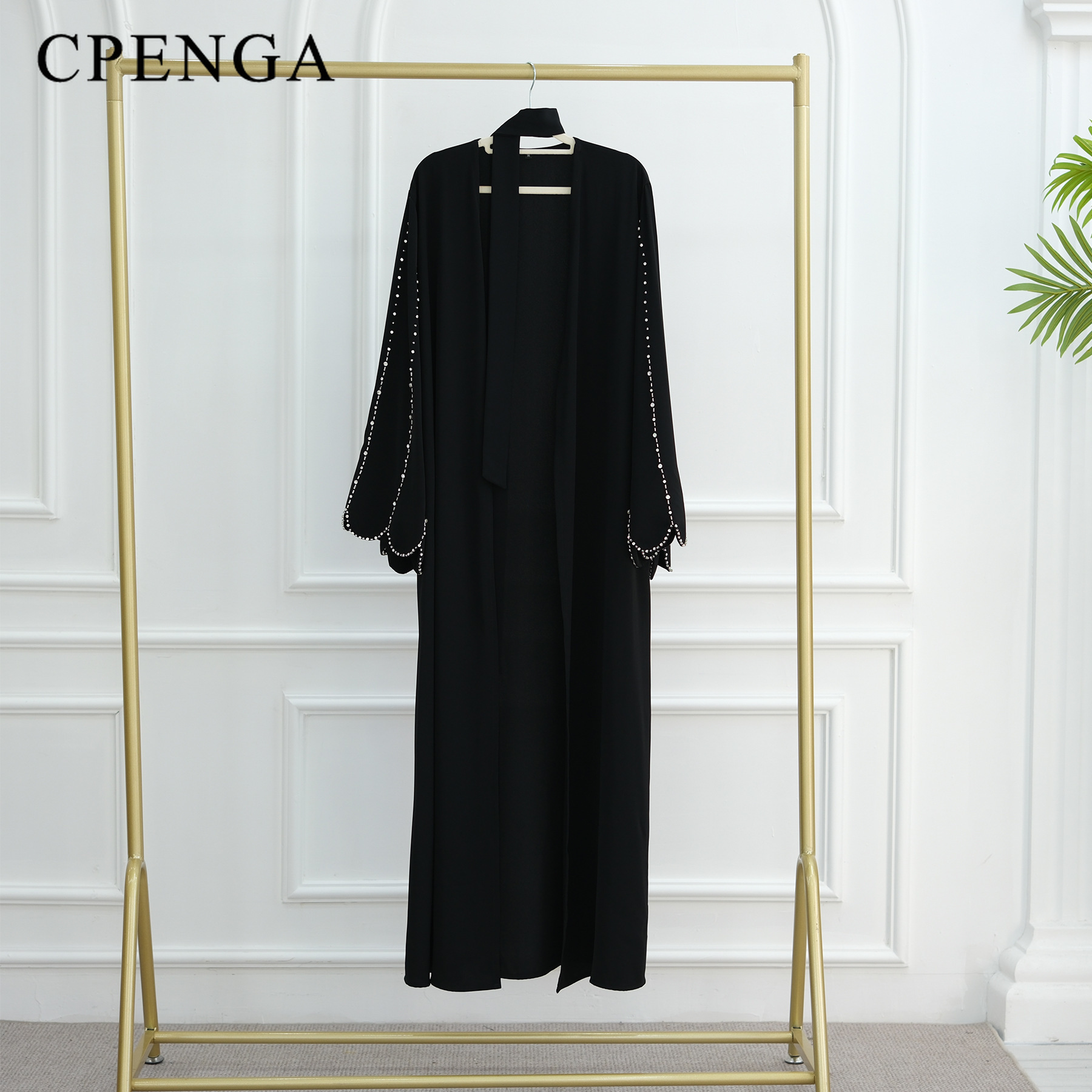 Naher Osten bescheidenes Kleid mit Perlenärmeln für muslimische Frauen Ramadan Dubai Schwarz Abaya Islam Party Jalabiya Outfit Türkei Robe