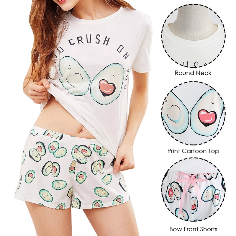 Dihope femmes col rond imprimé bande dessinée hauts et noeud avant Shorts pyjama ensembles nouvelle femme manches courtes décontracté pyjama ensembles