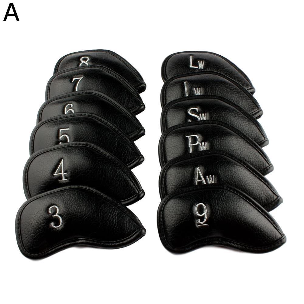 12PCS/Set Golf Club Protective Cover Golf Iron Cover Cap PU Cue Cover Sleeve Protection: Black