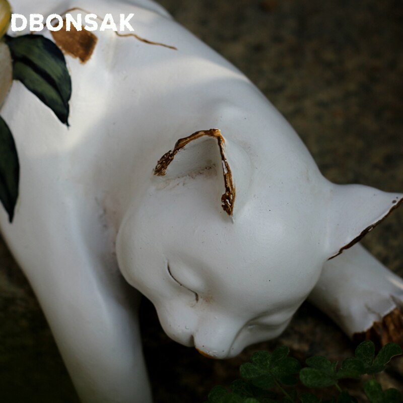 Luie Kat Sculptuur Dier Witte Kat Standbeeld Hars Bloem Kat Kitty Gazon Landschap Dier Ambachten Sculptuur Bloem Stand Decor