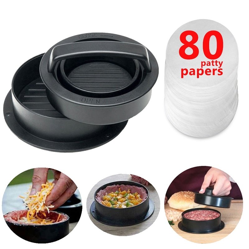 Formes de Hamburger manuelles Presses 80 pièces 11cm galette papier étanche à l'huile antiadhésive Burger Kit de presse formes moules outils de viande Gadgets de cuisine: Mold And Papers