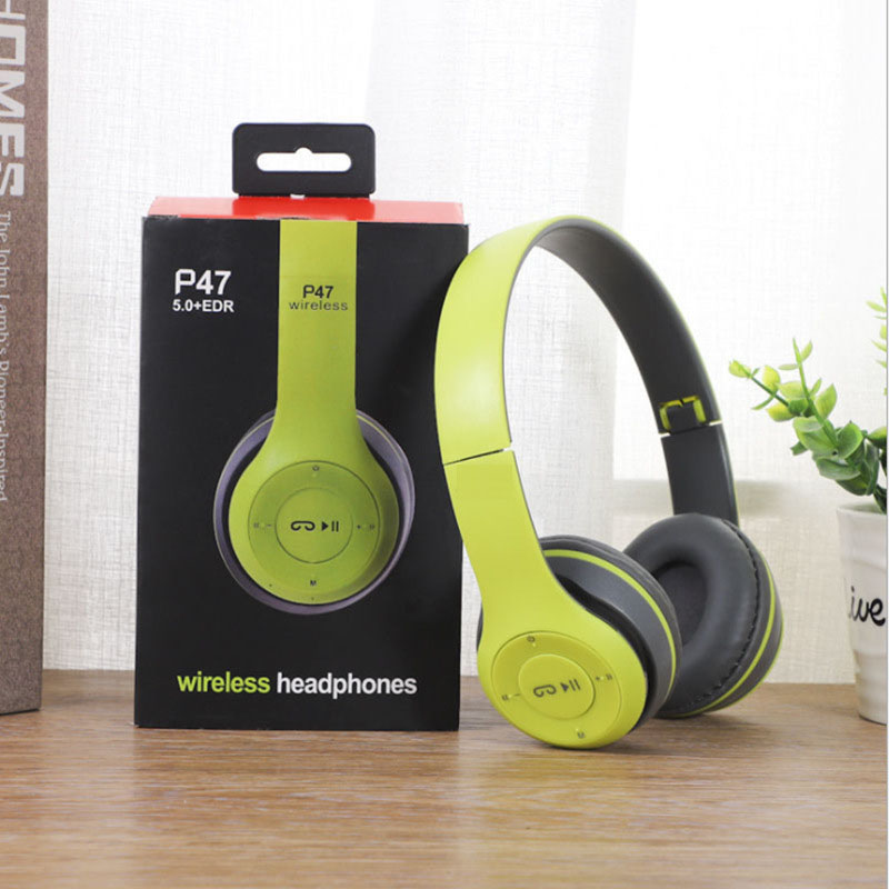 P47 Bluetooth 5.0 Wireless Headphone Foldable HIFI Stereo Bass Earphone Kid Helmet With Mic USB Adaptor For iPhone Game: green