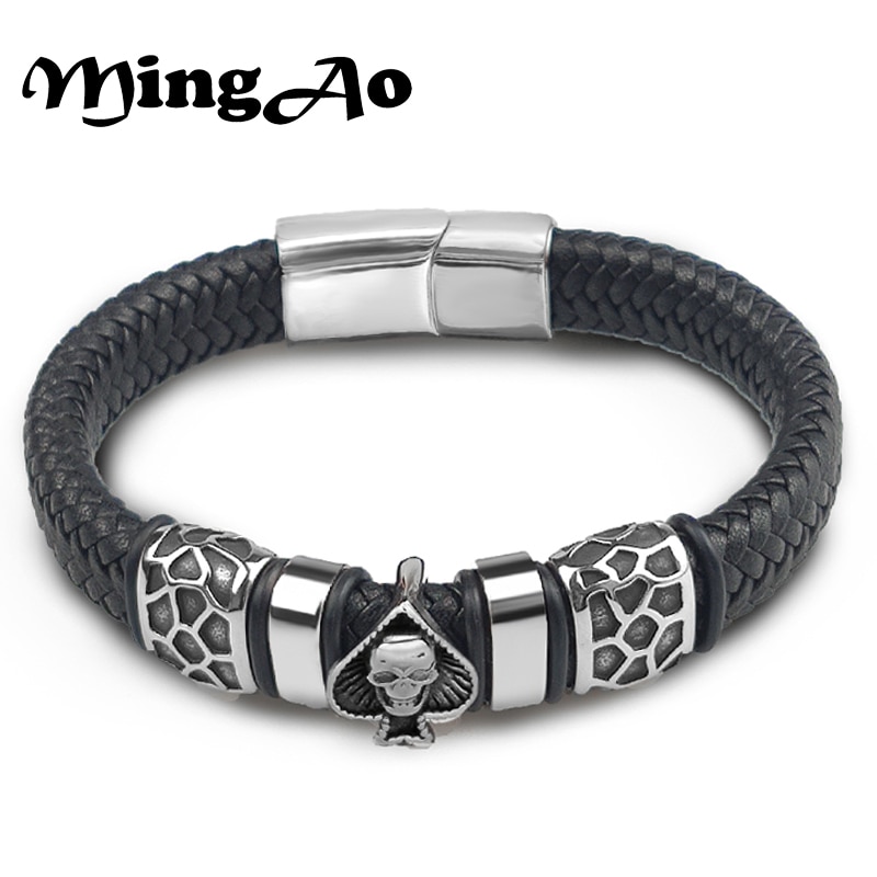 Mingao 12*6Mm Gevlochten Lederen 316l Rvs Charm Mannelijke Armbanden Spades Schedel Hoofd Armband Punk Armband Mannen &#39;S Sieraden