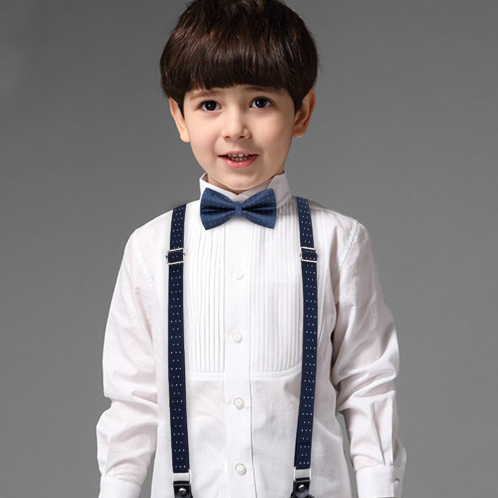 DiBanGu 6 Clips Mode Kinderen Leren Bretels Bandjes Met Strikje Broek Bretels Elastische Blauw Bowtie Verstelbare Bretels