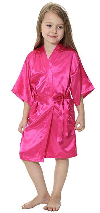 Kids Solid Satin Rayon Kimono Robe Bridesmaid Solid Bathrobe Children Nightgown Sleepwear Dressing Gown: S / Dark Grey