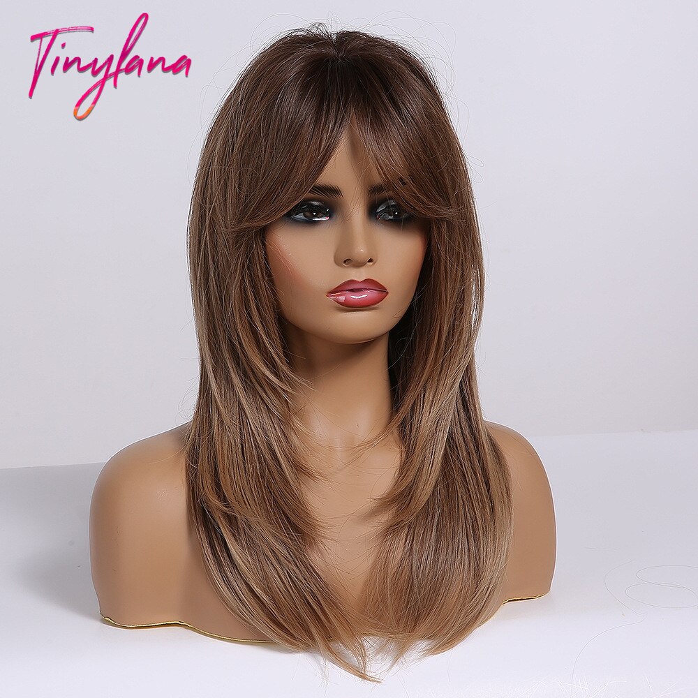 TINY LANA-Peluca de cabello sintético para mujer, cabellera artificial liso de longitud media, color negro y marrón, capas resistentes al calor con flequillo, Natural