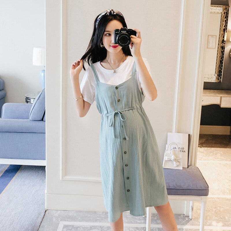 Plus Größe Mutterschaft Kleid Weiß T-Shirt + Leine Gurt Kleider Zwei Stück einstellen Sommer Kleidung für Frauen Solide farbe Schwangere Kleider