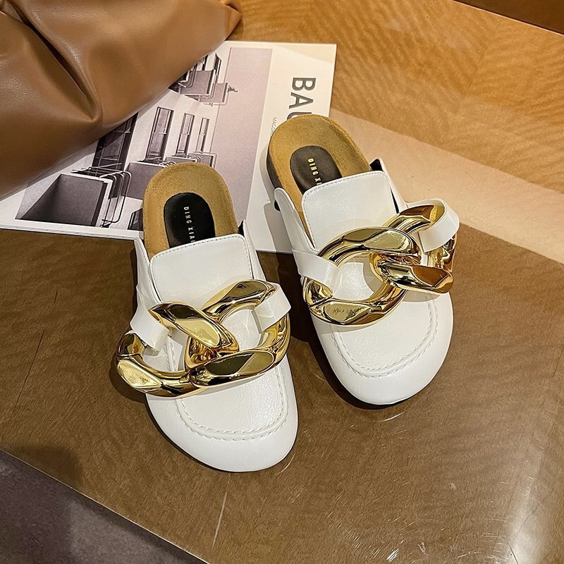 Gold Chain Decor Round Toe Flat Mules Lazy Loafers Shoes Women's Outdoor Cozy Soft PU Leather Casual Slippers Female Shoes