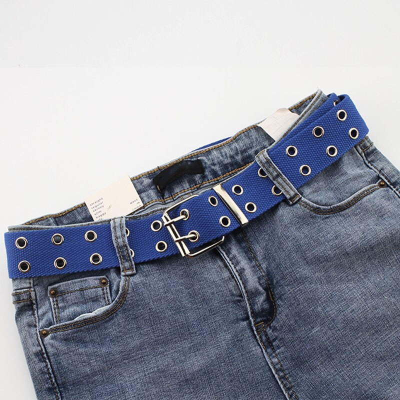 Wide Canvas Belts Casual Double Hollow Hole Buckle Belt Adjustable Solid Color Waist Strap For Women Men Students Jeans: Blue