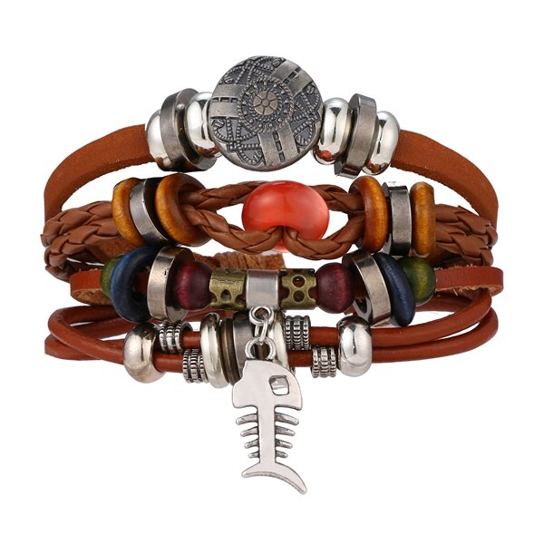 IFMIA-Conjunto de pulseras de cuero Vintage para hombre y mujer, brazalete de piel con varias hojas de búho, joyería de ,: IF11000086