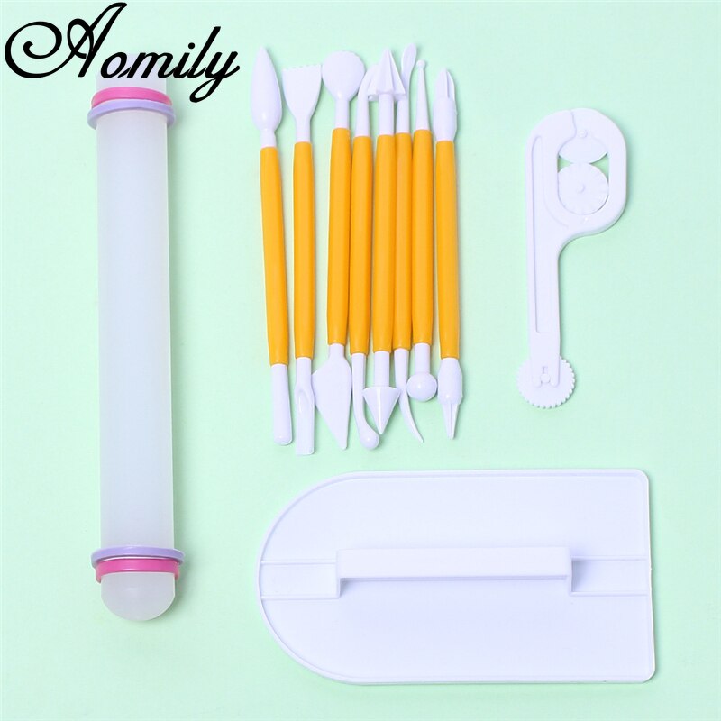 11Pcs/Set Icing Fondant Cake Tool Cake Decorating Tools Set Scraper Smoother Rolling Pin Carving Knife Engraving Embossing Mould