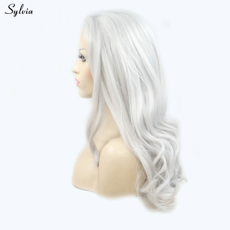 Sylvia Silver Gray Wig Body Wave Natural Long Hair Synthetic Lace Front Wigs for Women Girls Replacement Platinum/Light Grey Wig