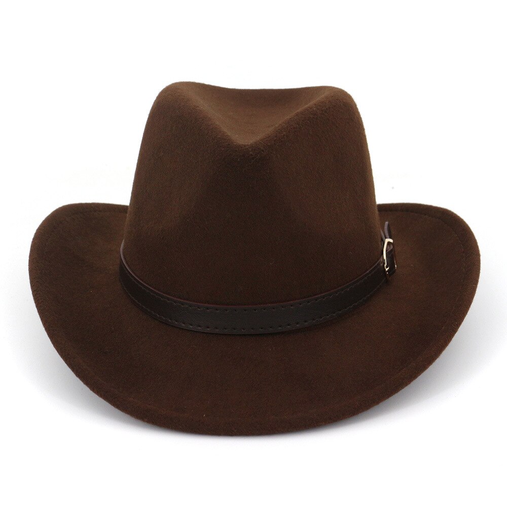 Sombrero de fieltro vaquero de ala ancha para hombre y mujer, sombrero de fieltro de vaquero con hebilla de cuero, estilo panamá Trilby Jazz, europeo y estadounidense: Coffee